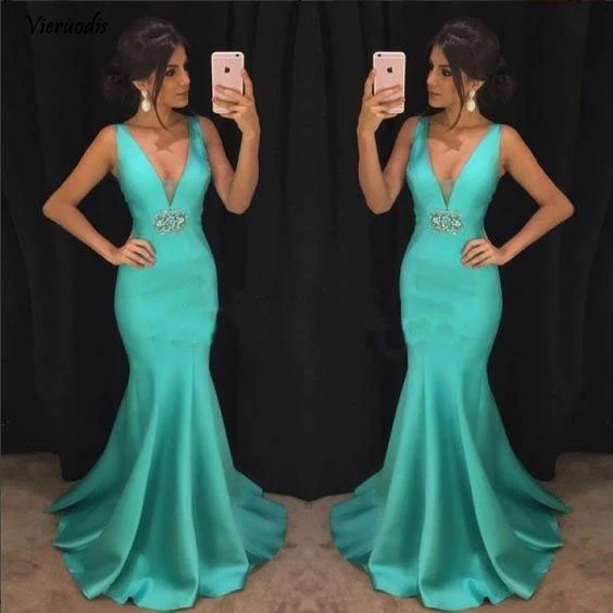 

Stylish new deep V-neck long mermaid prom dress satin party gowns