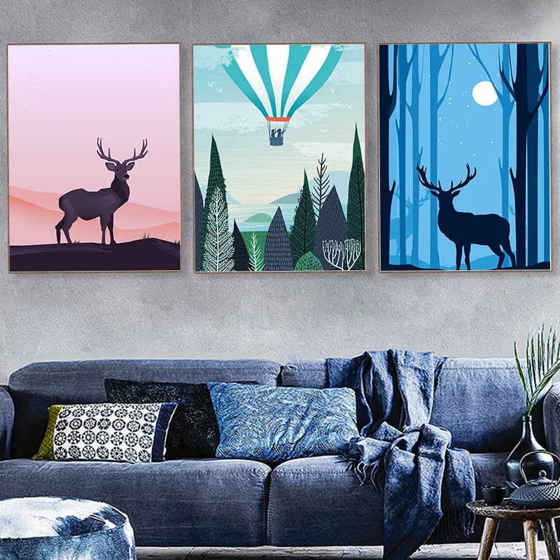 Cocina-Hotel-Kid-sala-ma-ana-noche-Elk-Deer-paisaje-cartel-impresiones-Wall-Art-lienzo-pintura