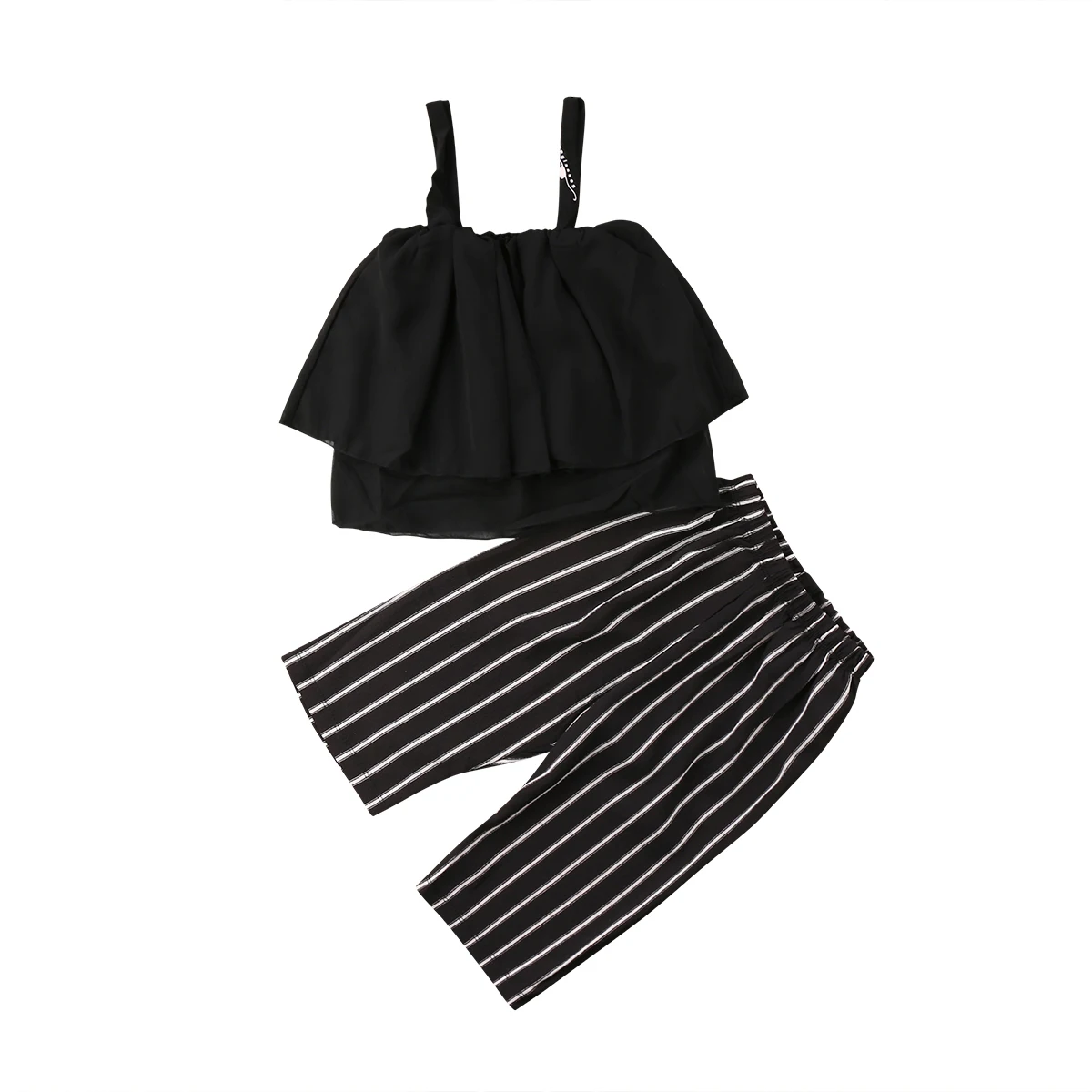 

2Pcs Kids Baby Girls Chiffon Strap Ruffle T Shirt Tops Striped Loose Pants Trousers Outfits Clothes Set