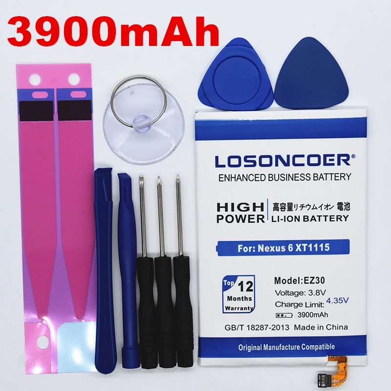 

100% Original LOSONCOER 3900mAh EZ30 Battery for Motorola Nexus 6 Google XT1115 XT1110 Xt1103 Nexus6 Cell Phone Gift tools