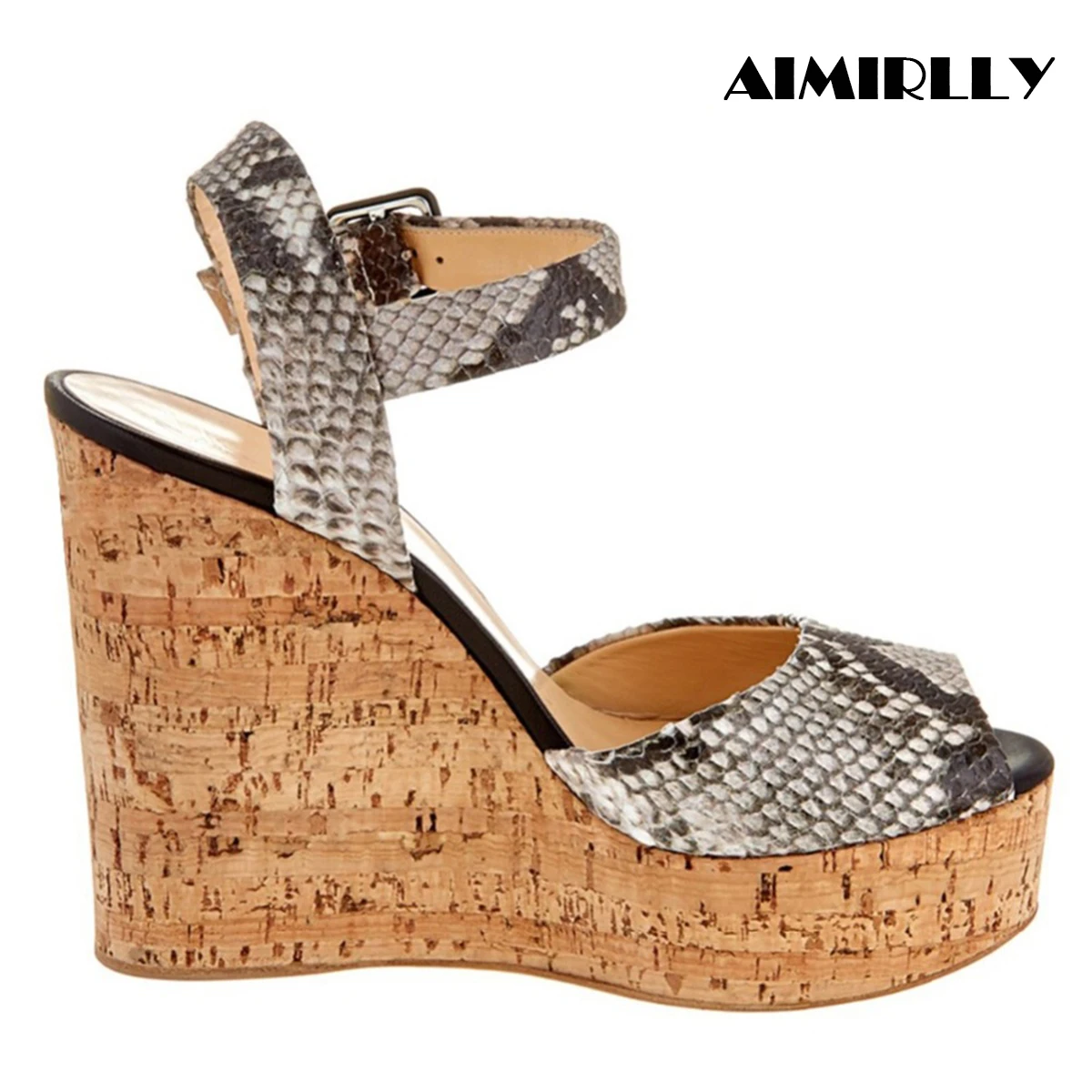 

Summer Women Cork Wedge Sky High Platform Python Snake Embossed Peep Toe High Heel Shoes Ankle Strap Wholesale Big Size