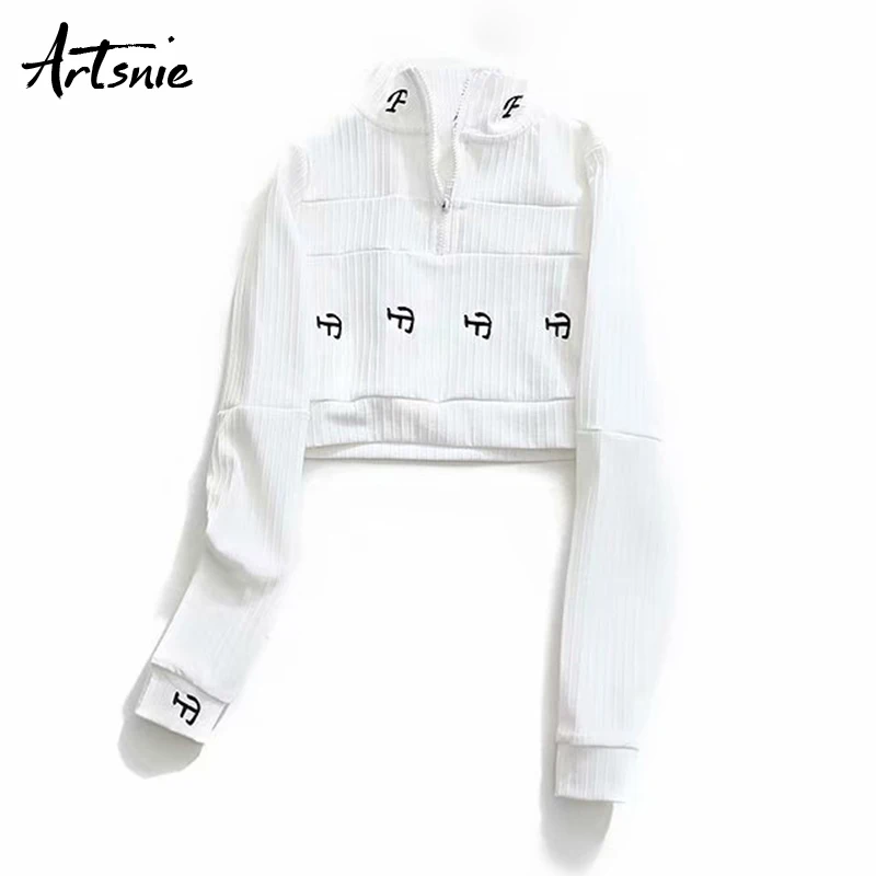 

Artsnie Letter Embroidery Casual Knitted T Shirts Women Spring 2019 Casual Cropped Feminino Turtleneck Streetwear Sexy Crop Tops
