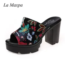 2018 New Women PU Leather Sandals 8CM Thick Heel Slippers Woman Platform Wedges Summer Shoes Clubwear Embroidery Flip Flops aimeigao summer wedges platform women sandals square thick heel pu leather shoes soft bottom mixed colors shoes for women