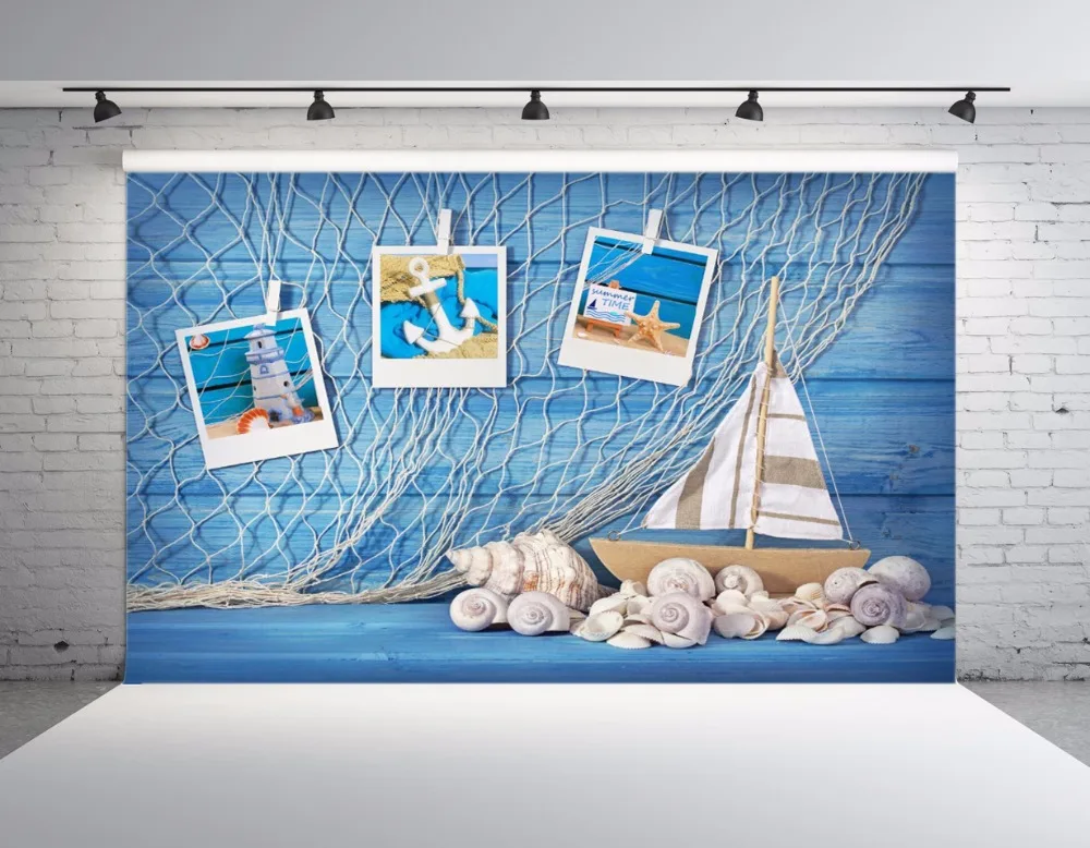 

SHENGYONGBAO Vinyl Fishing nets Photography Backdrops Prop Digital Printed Conch Sailboat Photography Background YHSHJ-1021