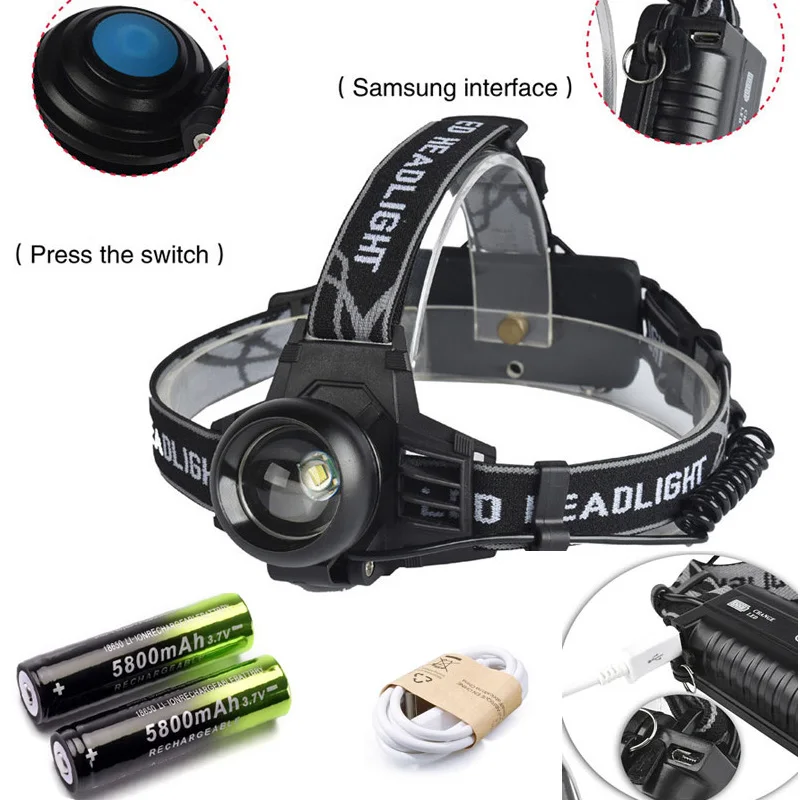 

5000Lums Headlight USB Rechargeable LED Headlamp T6 LED Head Light Lamp Lantern 18650 Battery Fishing