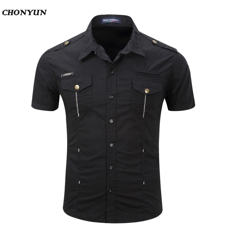 Брендовая мужская рубашка, Весенняя деловая приталенная одежда, мужские повседневные рубашки с коротким рукавом, одноцветные быстросохнущие дышащие европейские размеры 3XL - Цвет: Black