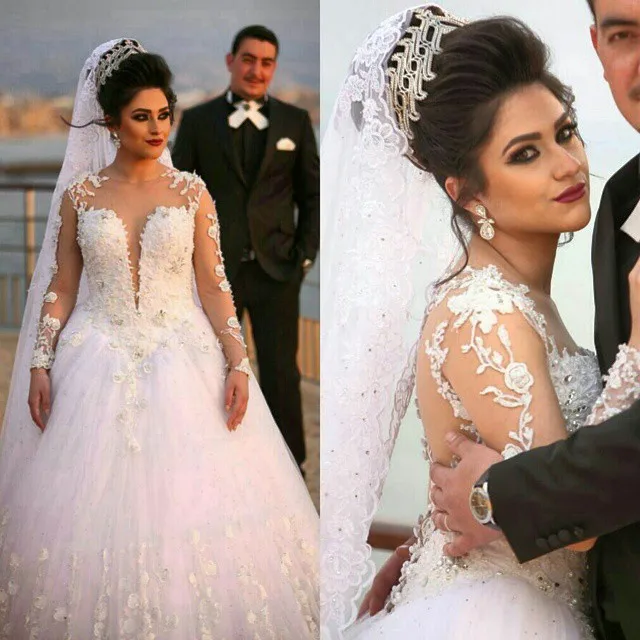 

New Arrival Elegant Long Wedding Dress 2016 O-Neck Long Sleeves Chapel Train Ball Gown Appliques Tulle Bride Dresses With Veil