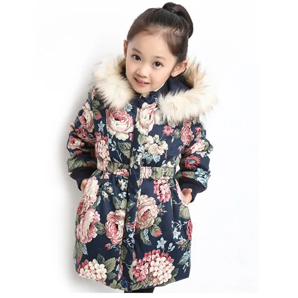 Rlyaeiz/ г. Зимние куртки для девочек, детская утепленная теплая парка для девочек, пальто модная куртка с капюшоном и меховым воротником и цветочным принтом, пальто
