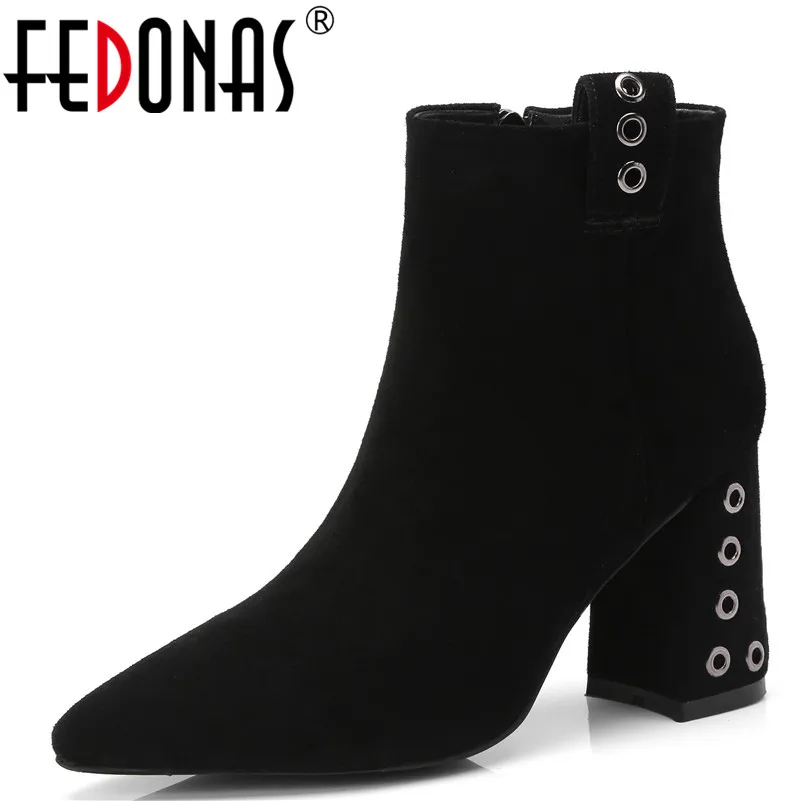 

FEDONAS Fashion Women Ankle Boots Square Heel Platforms Cow SuedeThigh High Pumps Female Motorcycle Boots Autumn Shoes Woman