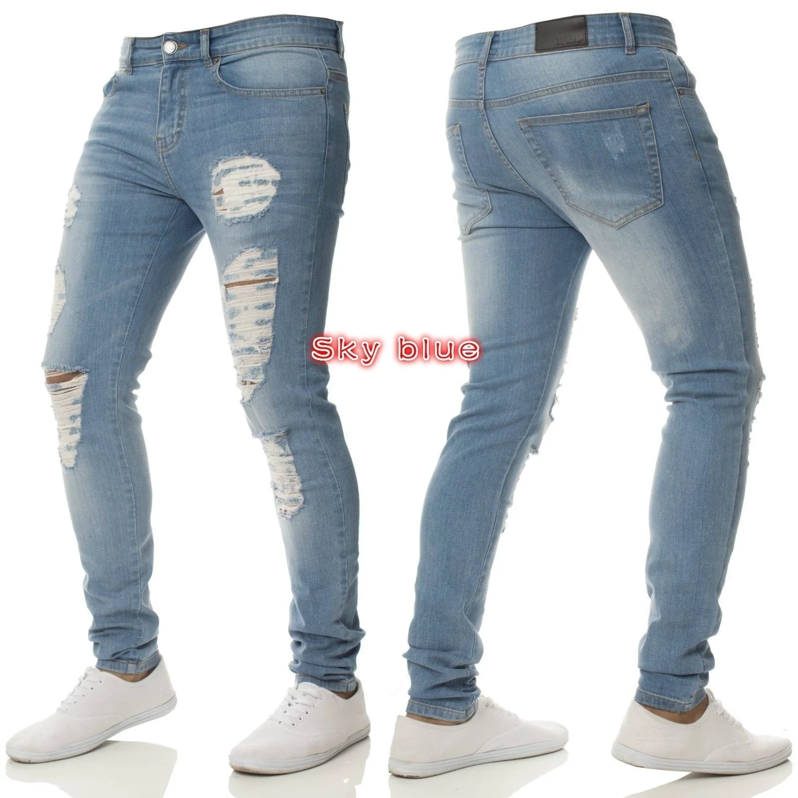 Однотонные рваные джинсы с дырками на коленях для мужчин,, фирменный дизайн, обтягивающие джинсы с эффектом потертости, джинсы в стиле хип-хоп