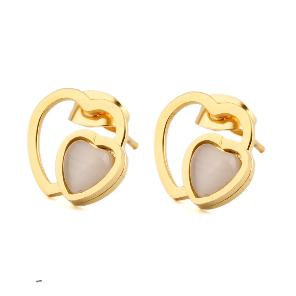 

Hot sell Fashion Gold Color 316L Stainless steel Double Heart Jewelry Opal Earrings for women