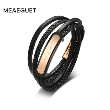 

Meaeguet Personalized Engrave & Laser Stainless Steel ID Bracelet & Bangle Men Black Layered Braided Leather Bracelet Jewelry