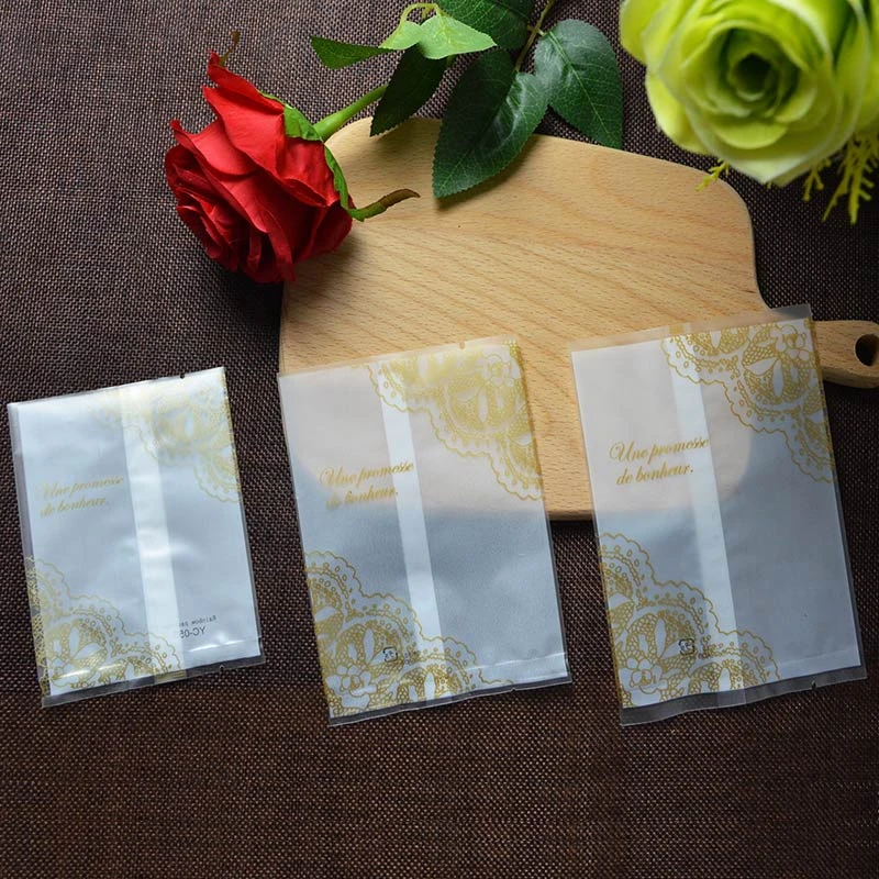 300pcs- 7*10/10*12/11*15/12*16cm  Heat Seal Frost Matte Plastic Pouch Open Top Gold lace Cake Biscuit Packaging bag