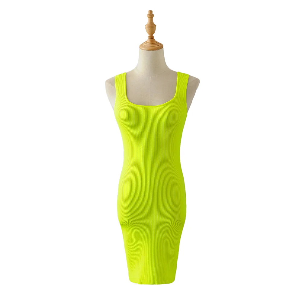 LUNDUNSHIJIA женское модное ФЛУОРЕСЦЕНТНОЕ зеленое платье, Дамское сексуальное облегающее Летнее мини-платье без рукавов с открытой спиной - Цвет: Зеленый