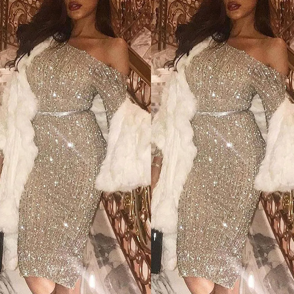 

Women Spring Sexy One Shoulder Long Sleeve Solid Sequin Dress Evening Party Gown Dress Sheath Mini Dress Vestido de mujer