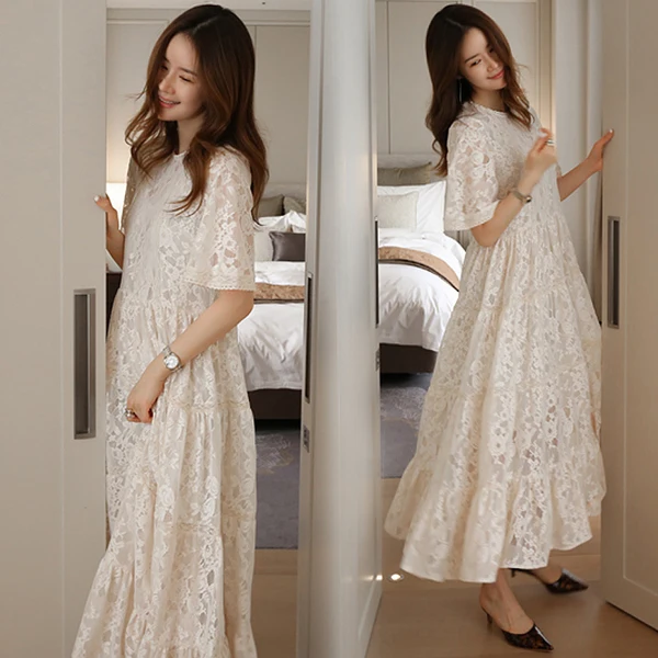 Pregnant Women Summer Lace Dress Suit Short Sleeve Fashion Fairy Maternity Dress with Cotton Lining Sweet Maxi Dress Wholesale