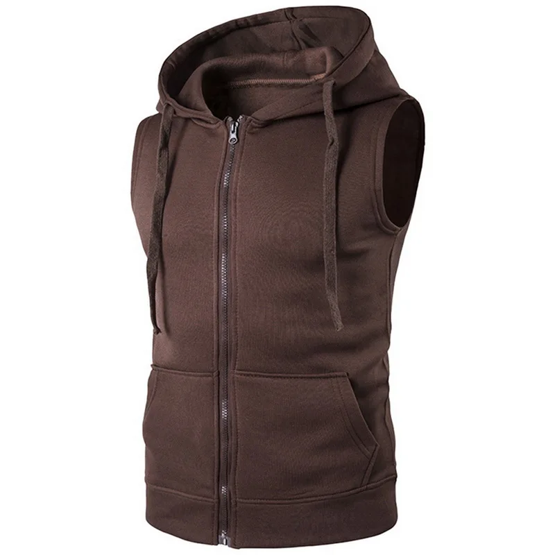 Tank Top Men Hooded Sleeveless Vest Gilet Zipper Casual Slim Pocket Hoodie Tank Tops Waistcoat New Fashion Ropa Hombre - Цвет: Brown 1