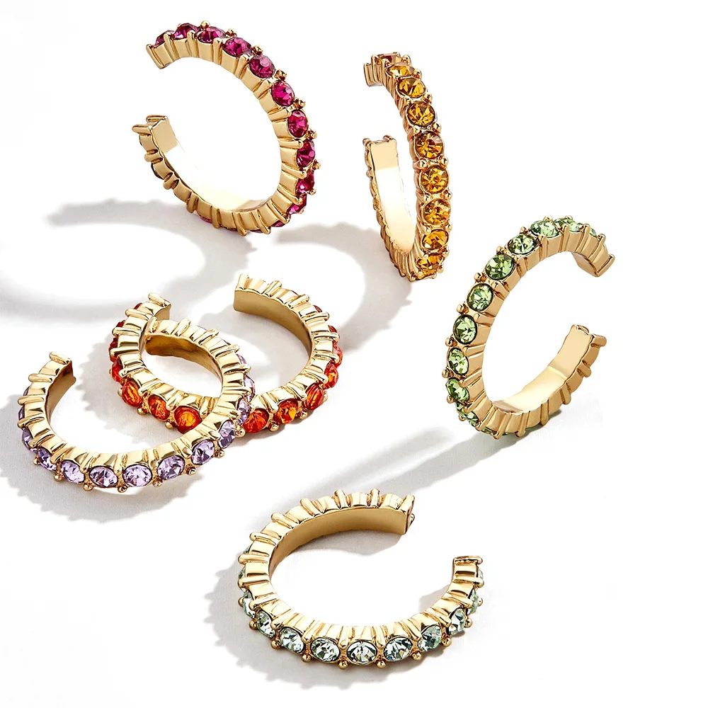 

6-piece Set Fashion Temperament C-Type Earrings Simple Circles Crystal Inlay Earrings Alloy Zircon Earrings for Women Bohemian
