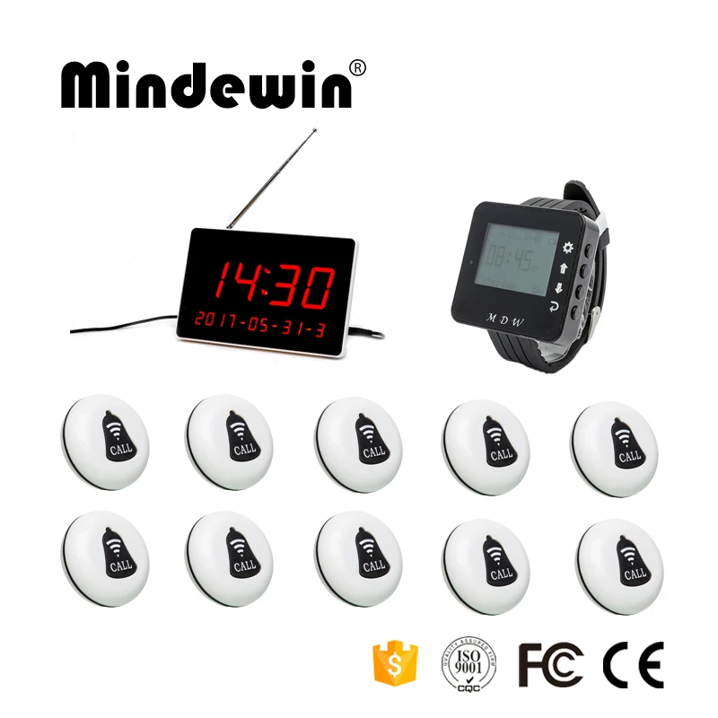 

Mindewin Hot Sale Restaurant Wireless Waiter Service Calling System 10PCS Call Button +1PC Watch Pager +1PC Display Receiver
