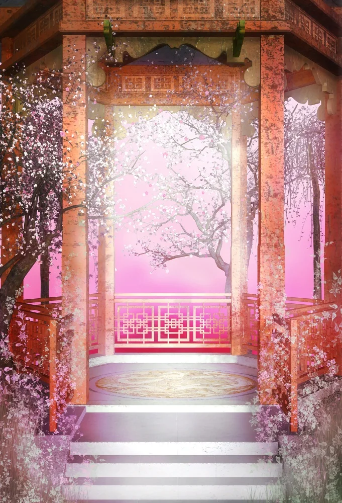 Laeacco Dreamy Chinese Pavilion Peach Blossom Natural Scene