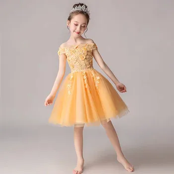 

Little Kids Baby Sweet Shoulderless Collar Birthday Evening Party Princess Lace Dress Girls Children Host Tutu Piano Mesh Dress