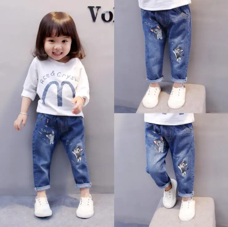 

2018 New kids girls Jeans trousers cute cartoon cat embroidery denim pants for baby girl Spring autumn children clothes
