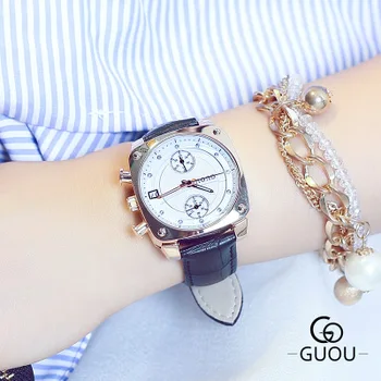 

GUOU Brand Square dial Fashion Creative Women Watches Quartz Multifunction Calendar Clock Female Leather Watch relogio feminino