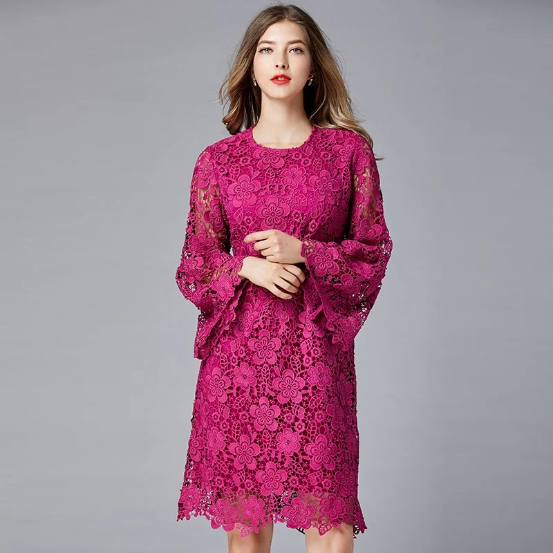 Качественное элегантное женское цветочное кружевное платье размера плюс с О-образным вырезом и расклешенными рукавами, весенне-летнее кружевное платье большого размера sukol, ярко-розовое - Цвет: hot pink