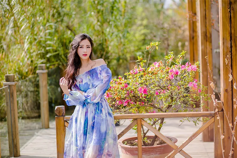 TANG Long Sleeve Summer Dress Foral Tropical Beach Vintage Maxi Dresses Boho Casual Off Shoulder Belt Chiffon Plus Size Dress (4)