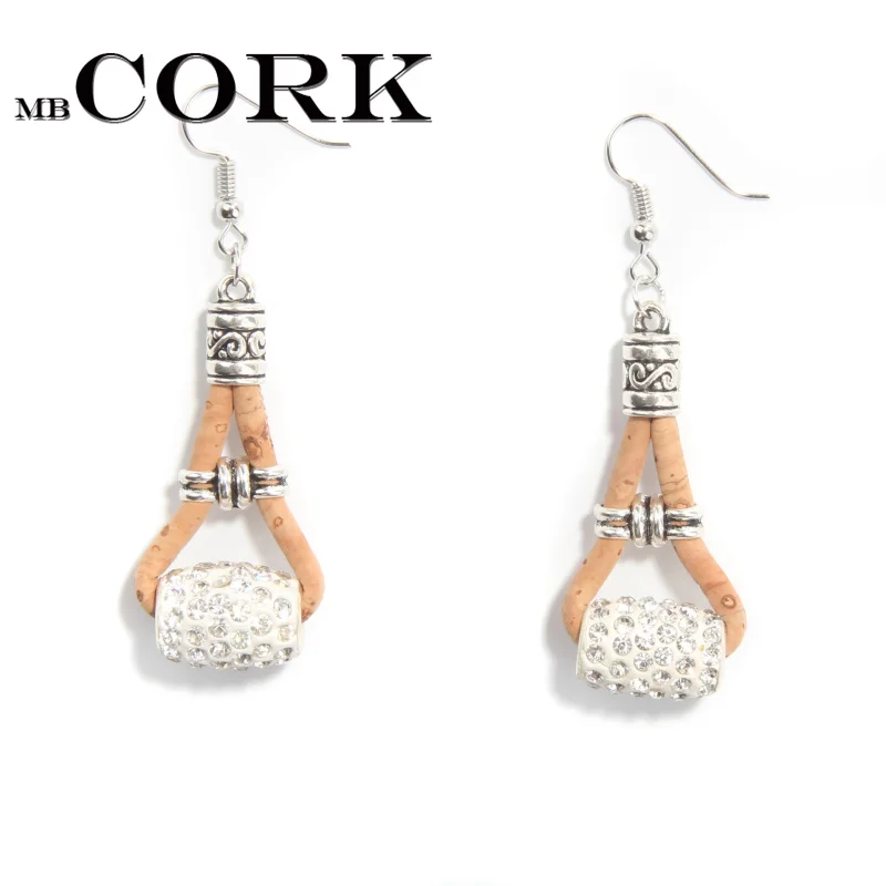 

Natural cork antique sliver Rhinestones earrings handmade women earrings lady original dangle wooden jewelry HE-088