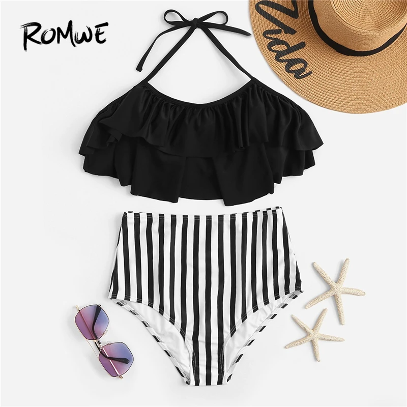 

Romwe Sport Black and White Tiered Layer Flounce Halter Top With Striped Bottoms Bikini Set Women Summer Sexy Two-Pieces Suits