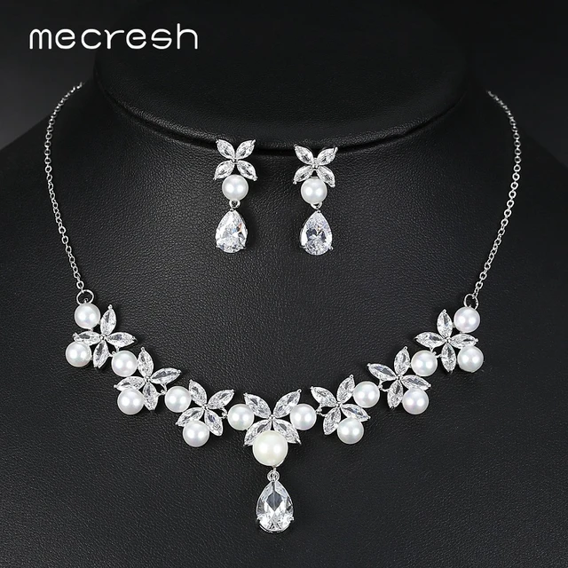 mecresh noble floral cubic zirconia bridal jewelry sets silver color elegant simulated pearl necklace set wedding - Cubic Zirconia Wedding Ring Sets mecresh noble floral cubic zirconia bridal jewelry sets silver color elegant simulated pearl necklace set wedding - Cubic Zirconia Wedding Ring Sets