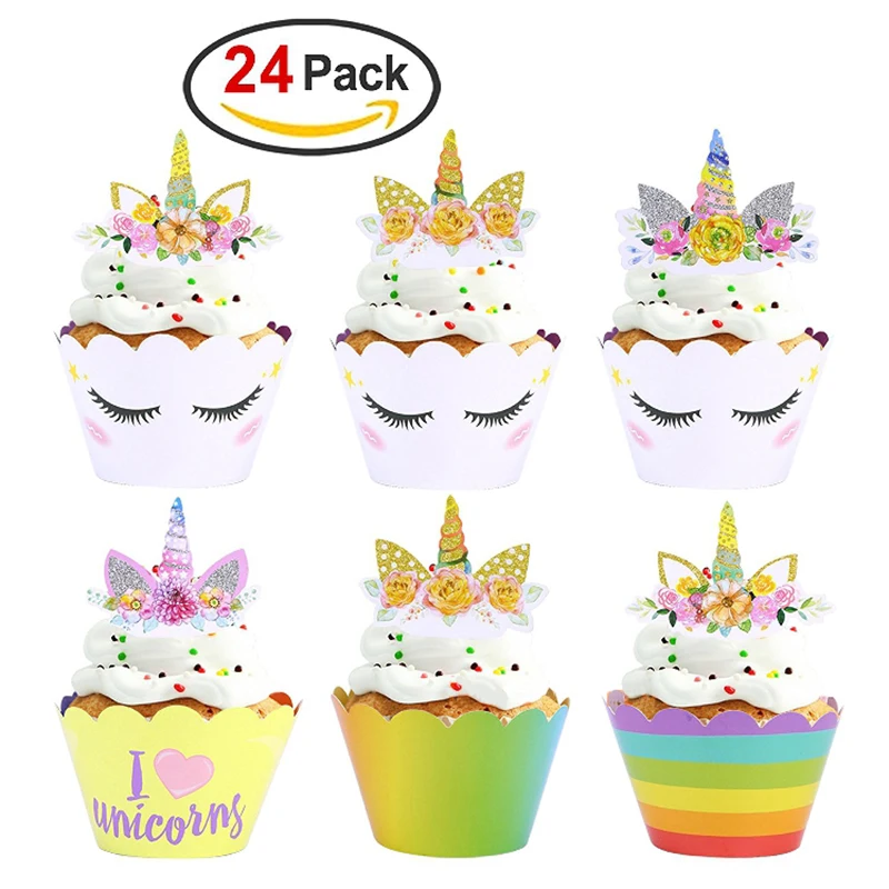 24 шт Единорог партии кекс обертки для пирожных Toppers Baby Shower дети с днем рождения