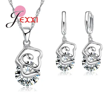 

Women Girl Best Gifts 925 Sterling Silver Chain Flower Cubic Zircona Drop Necklace Earrings Sets Bricos Bijoux Jewelry