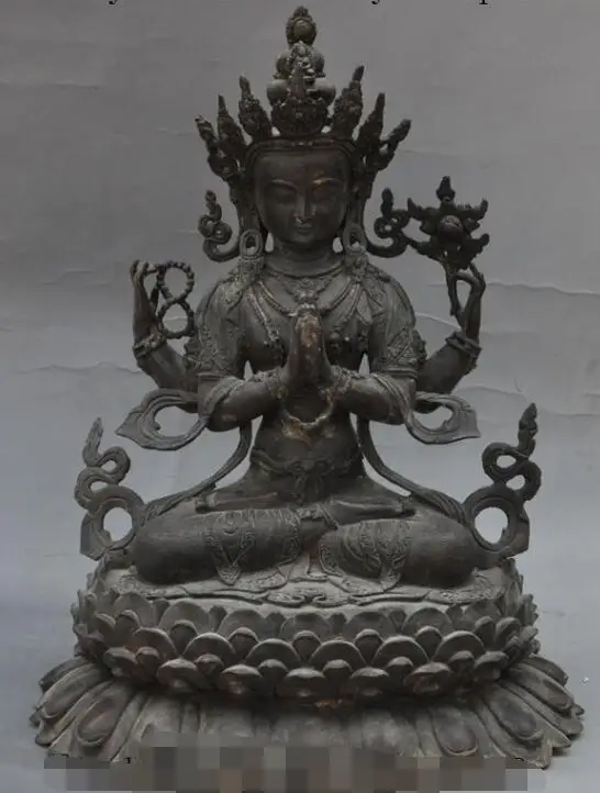 

S06834 13"tibet buddhism Bronze 4 arms tara kwan-yin GuanYin Bodhisattva buddha statue
