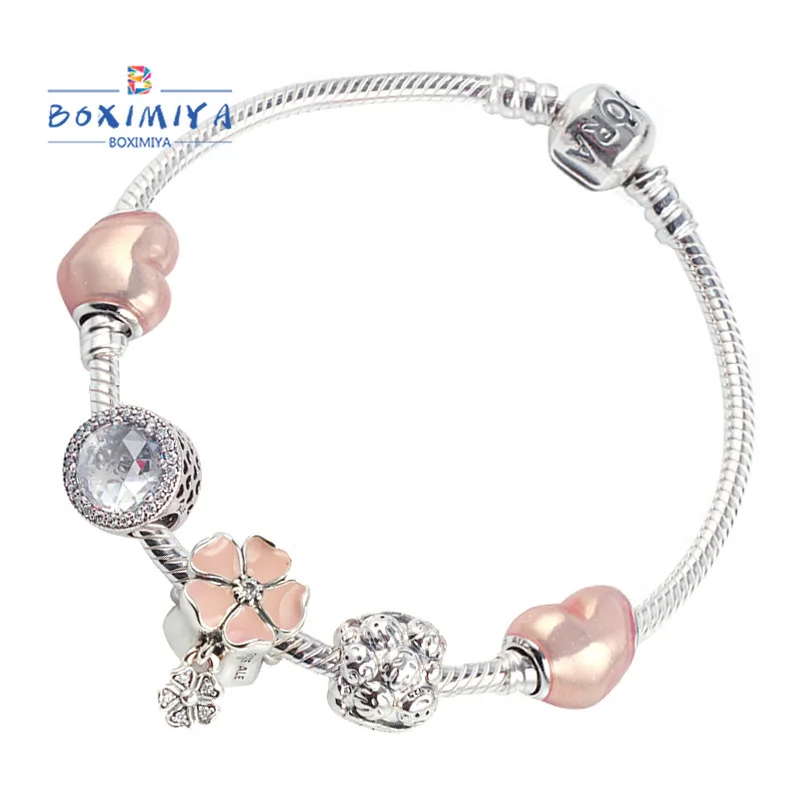 

Jewelry Ladies Pink Girl Heart Beaded Charm Bracelet Snap Jewelry 925 Sterling Silver Bracelets Bangles for Women Gift