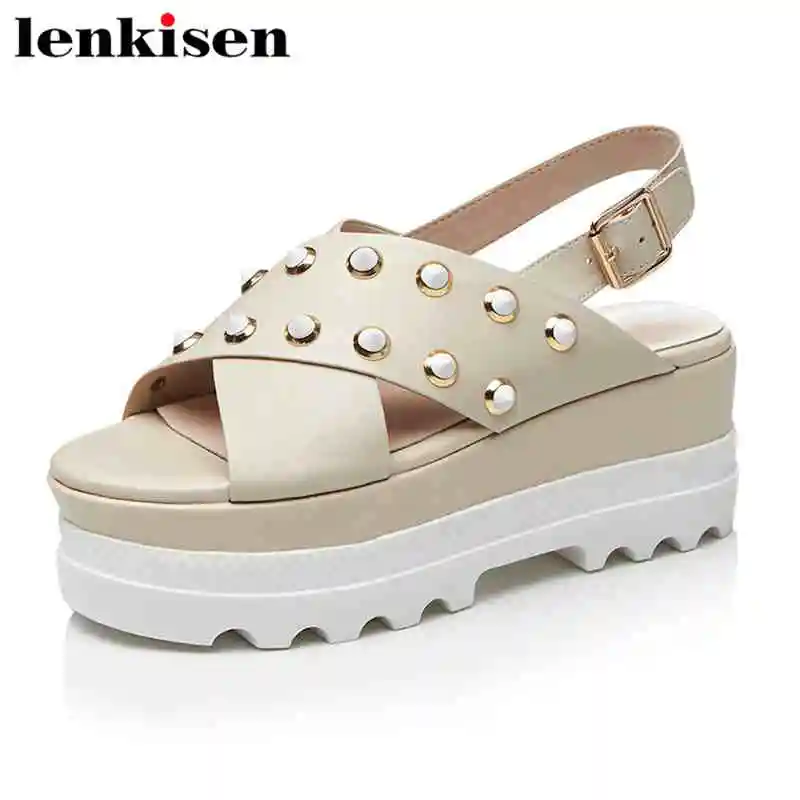 

Lenkisen full grain leather peep round toe rivet metal buckle strap wedge high heels waterproof high fashion women sandals L2f1