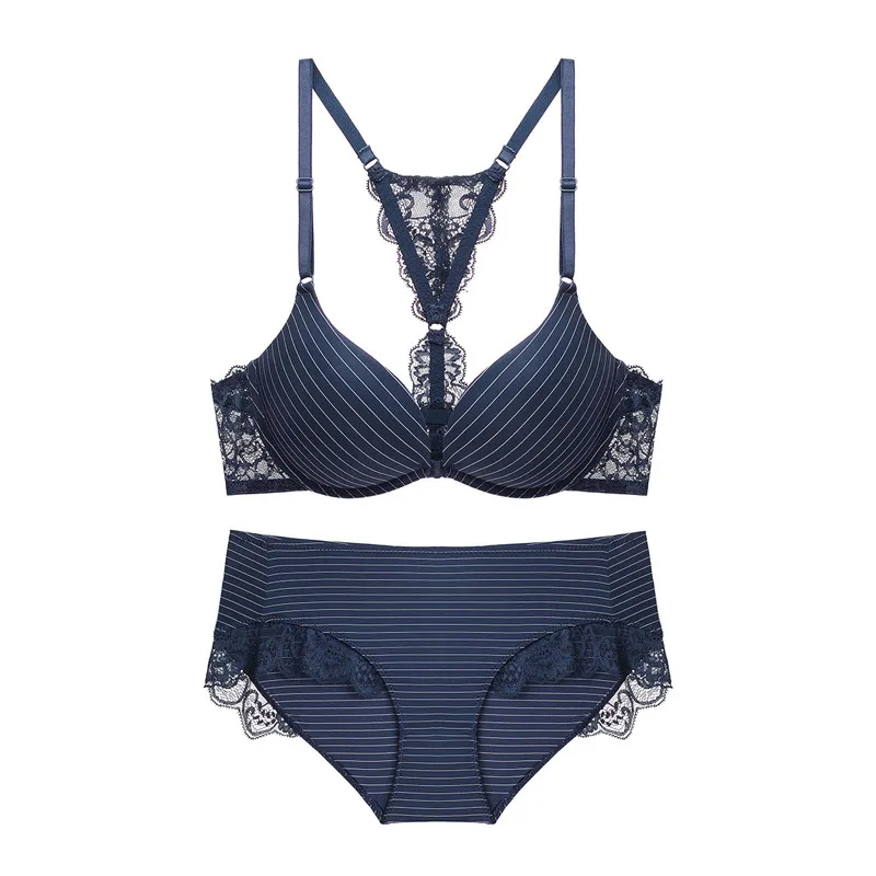 Kopen Varsbaby vrouwen sexy voorsluiting push up lingerie gestreepte kant ondergoed beha en slipje