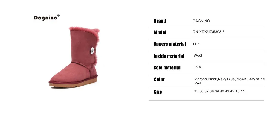 Dagnino бренд высокое качество Австралии теплый натуральный овчины Натуральный мех шерсть Для женщин зимние ботинки Украшенные стразами и пуговицы