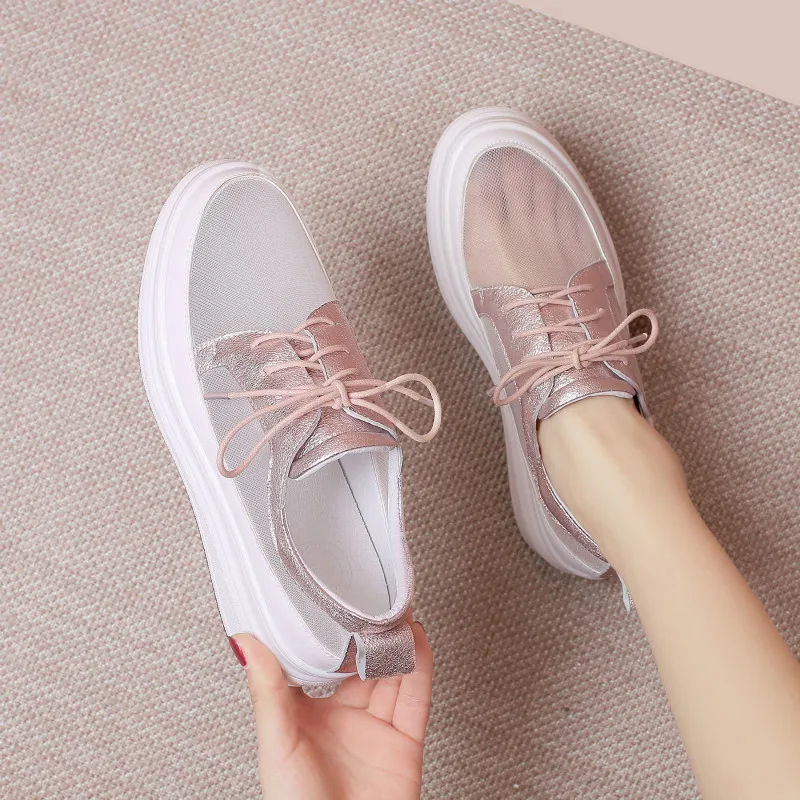 

Summer 2019 women shoes leather thick-soled mesh lace-up loafers womens casual slope heel flat breathable pink shoes Yasilaiya
