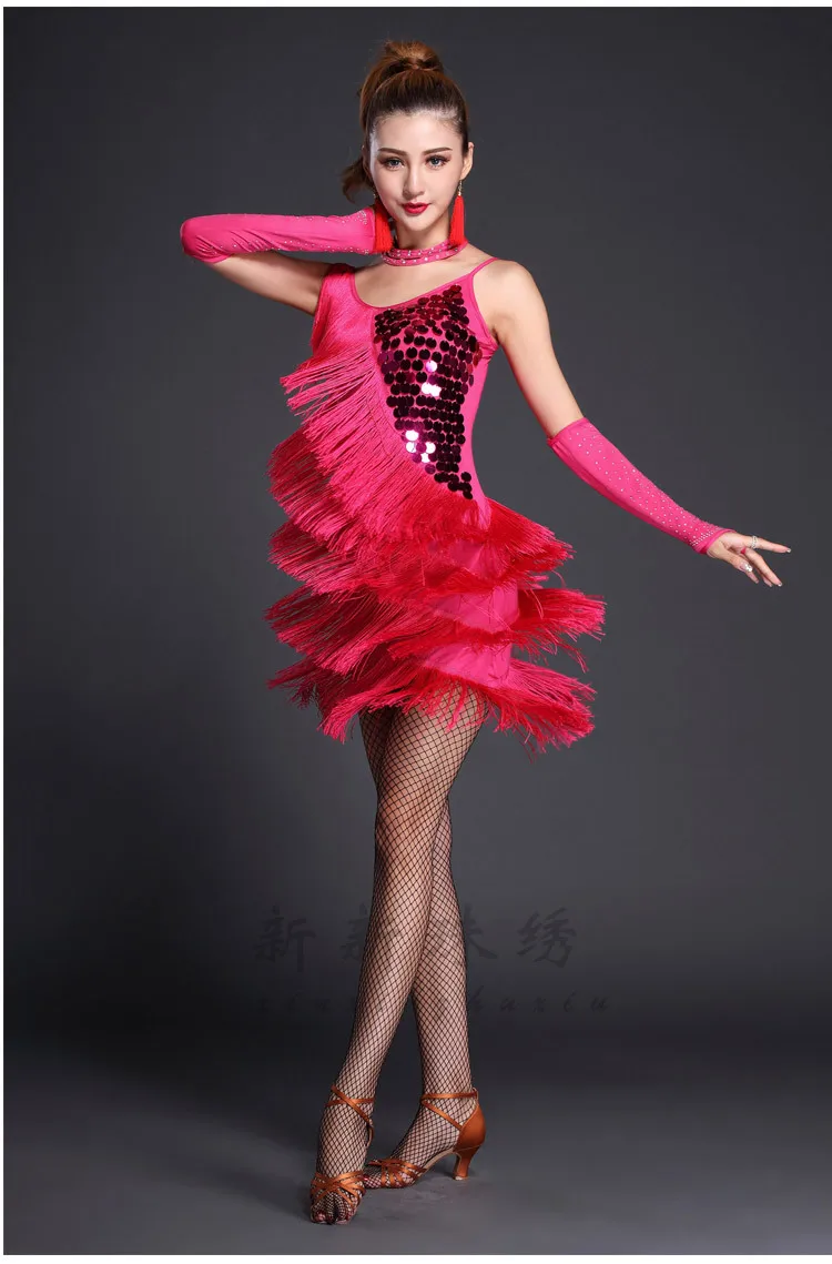 Новинка года; платья для латинских танцев для женщин; цвет розовый, красный; пикантная юбка с кисточками/блестками; комфортное танцевальное платье для сальсы; Q1141 - Цвет: Pink