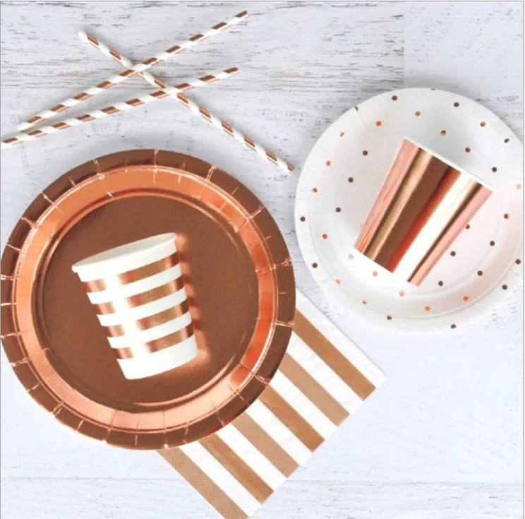 

49Pcs/set Disposable Tableware Sets Rose Gold Cups Plate Straw Party Baby Show Supplies for Wedding Kids Birthday Party Decor