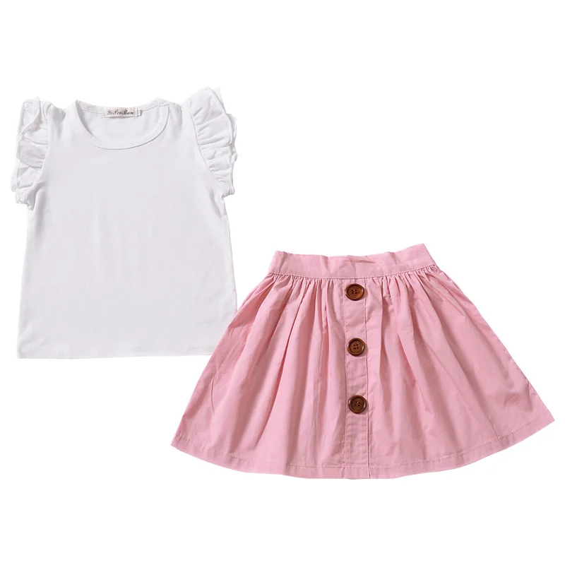 

Two piece Summer Girl Suit Pure color Top and Short Sleeveless Cute Ruffles Vestidos children summer dress half dress girl