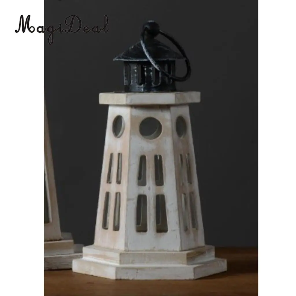 Wooden Lighthouse Light Tower Candle Holder Tea Light Lampshade Tabletop Decor Ornament Carved Handcraft	