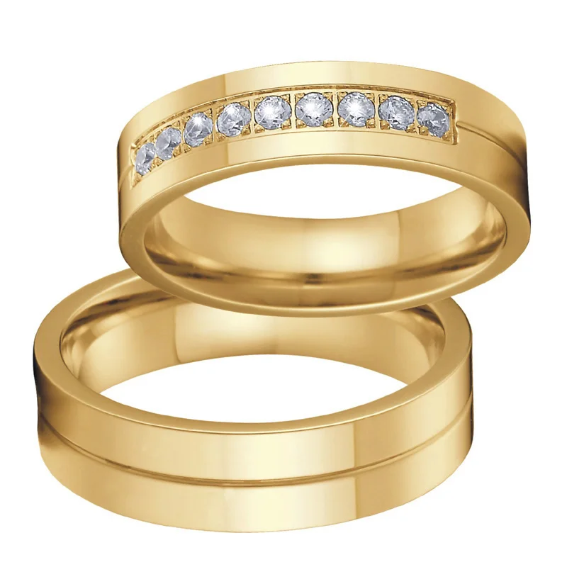Polishing Gold Color cz Promise Wedding Band Rings pair set for couples Lovers Men's women's rings Alliance anel (1)