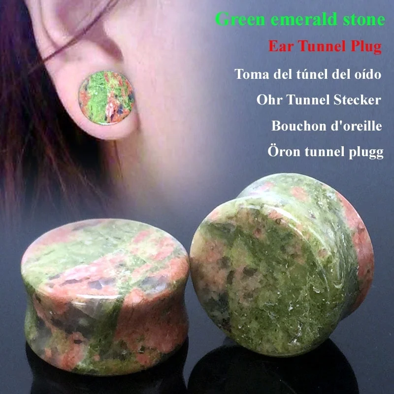 Pair Ear Tunnel Natural Stone Plugs Green Gauges Flesh Body Piercing
