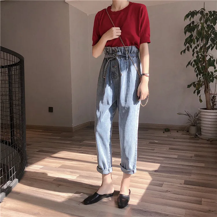 Новая мода леди бутон пояса джинсы Женские однотонные обычные брюки высокая талия студенческие тонкие брюки 8295