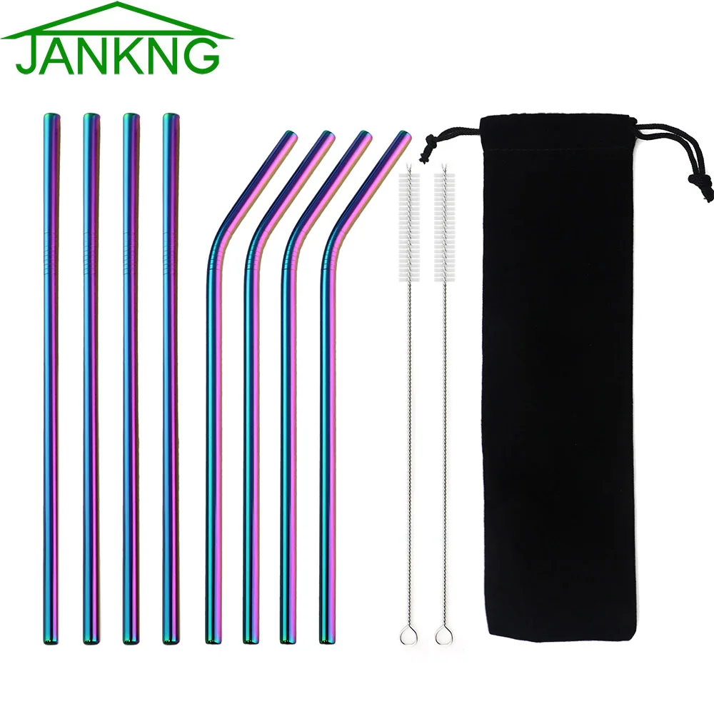 

JANKNG 4Pcs Colorful Drinking Straw Stainless Steel Straws Rainbow Reusable Bent Straight Metal Straw Cleaner Brush Straw Bag