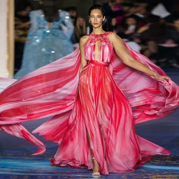 

2019 Red Chiffon Women Evening Party Gowns Luxury Beads Sequined Fashion O-Neck Sleeveless Maxi Dresses Elegant Long Vestidos