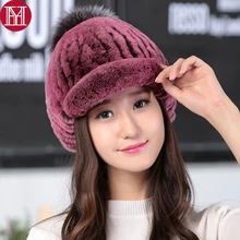 Женский вязаный Настоящий мех кролика шапки бини стиль Настоящий мех кролика шапка натуральная шапка из меха кролика рекс